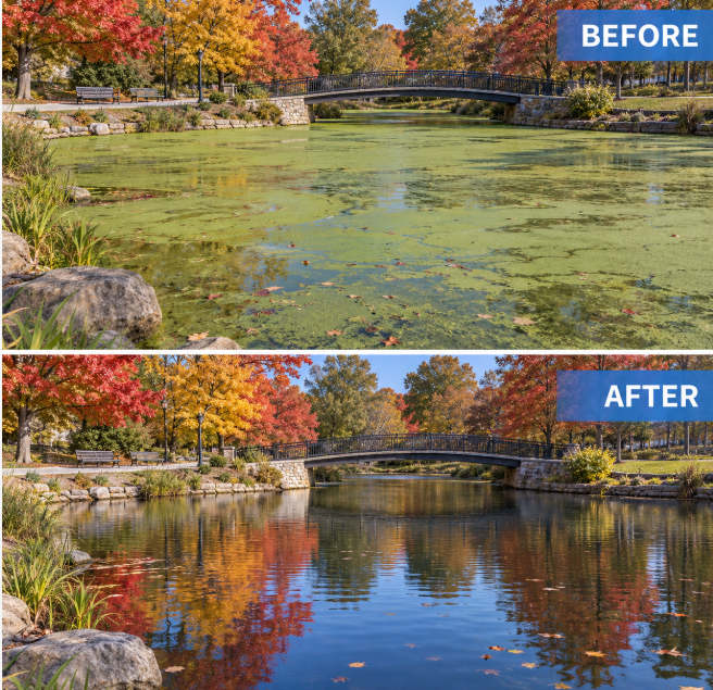 Picture showing algae and murky water before adding BioShock Extreme and after adding the product the water is clear and free of algae.