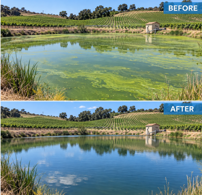 A picture that shows a before and after using BIoShock Extreme, thetop part shows green, murky water, the second one shows, pristine clear water.