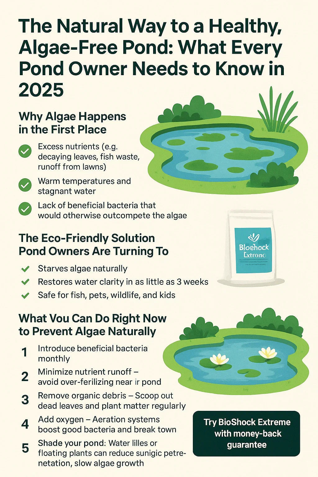 Infographic on natural algae-free pond care in 2025, causes of algae, eco-friendly solution, and prevention tips