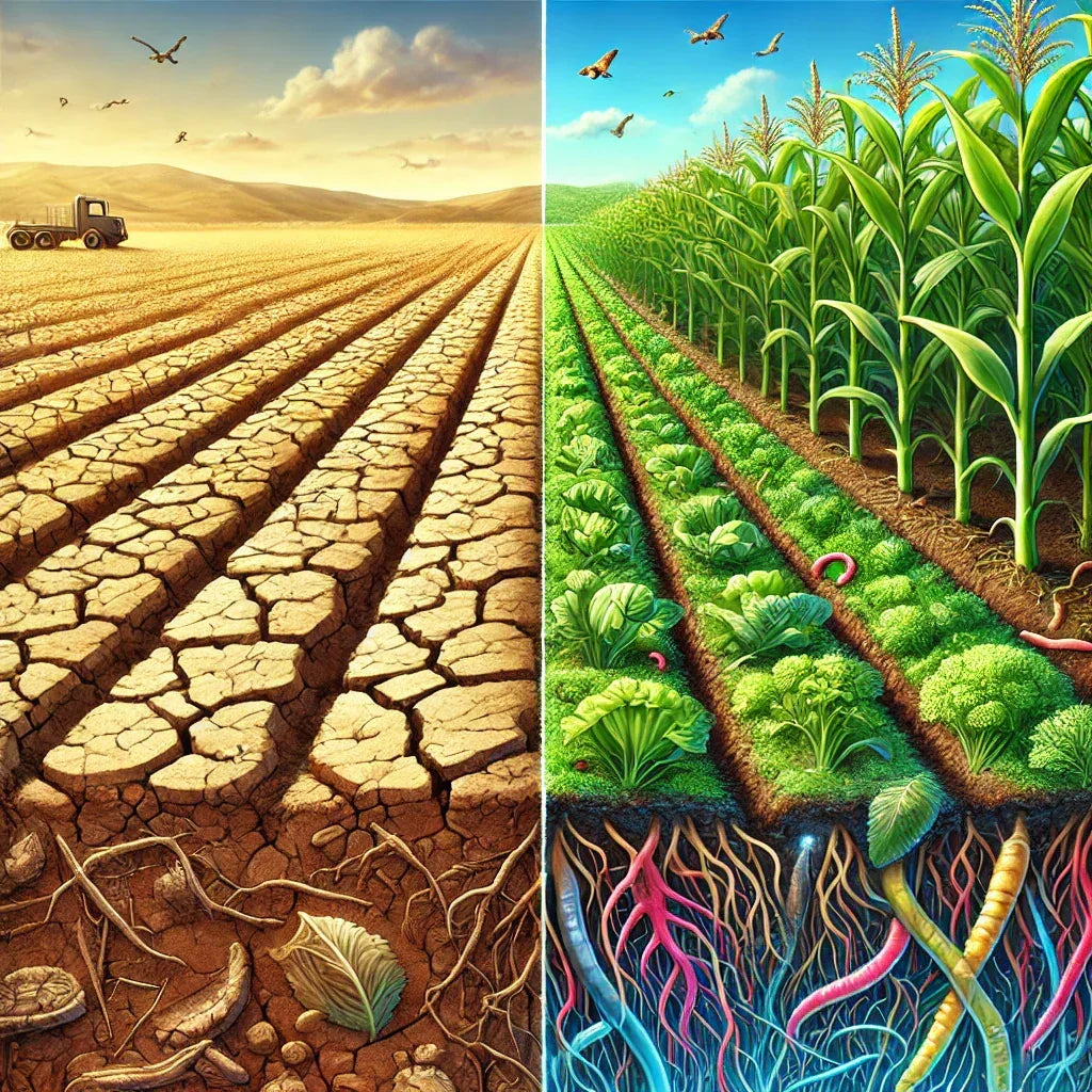 Split image of dry cracked soil with dead roots and barren field versus healthy soil with green crops, worms, and rich roots