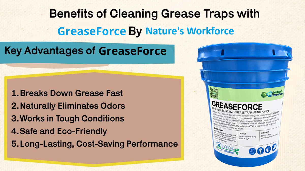 A promotional graphic for GreaseForce grease trap cleaner, showing a blue plastic bucket on the right and text on the left outlining key benefits such as breaking down grease fast, eliminating odors naturally, and working in tough conditions. The background is a light textured beige.