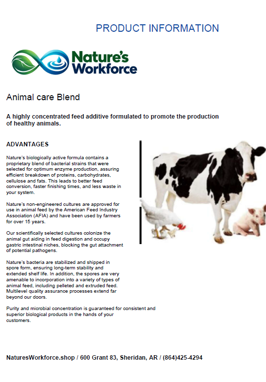 Product information sheet for Nature's Workforce Animal care Blend, featuring text benefits, a small product bottle, and two white calves on a white background.