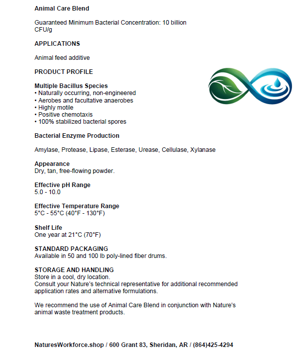 A text-heavy product information sheet for Nature's Workforce Animal Care Blend, showing product profile, applications, appearance, effective pH and temperature ranges, shelf life, and storage instructions on a white background with a small blue and green logo.