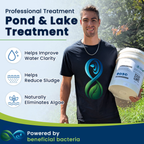 A man outdoors holds a white plastic bucket of pond and lake treatment while wearing a black t-shirt with a green and blue infinity symbol. The graphic includes text benefits: 'Helps Improve Water Clarity', 'Helps Reduce Sludge', and 'Naturally Eliminates Algae', and a bottom banner that reads 'Powered by beneficial bacteria'.