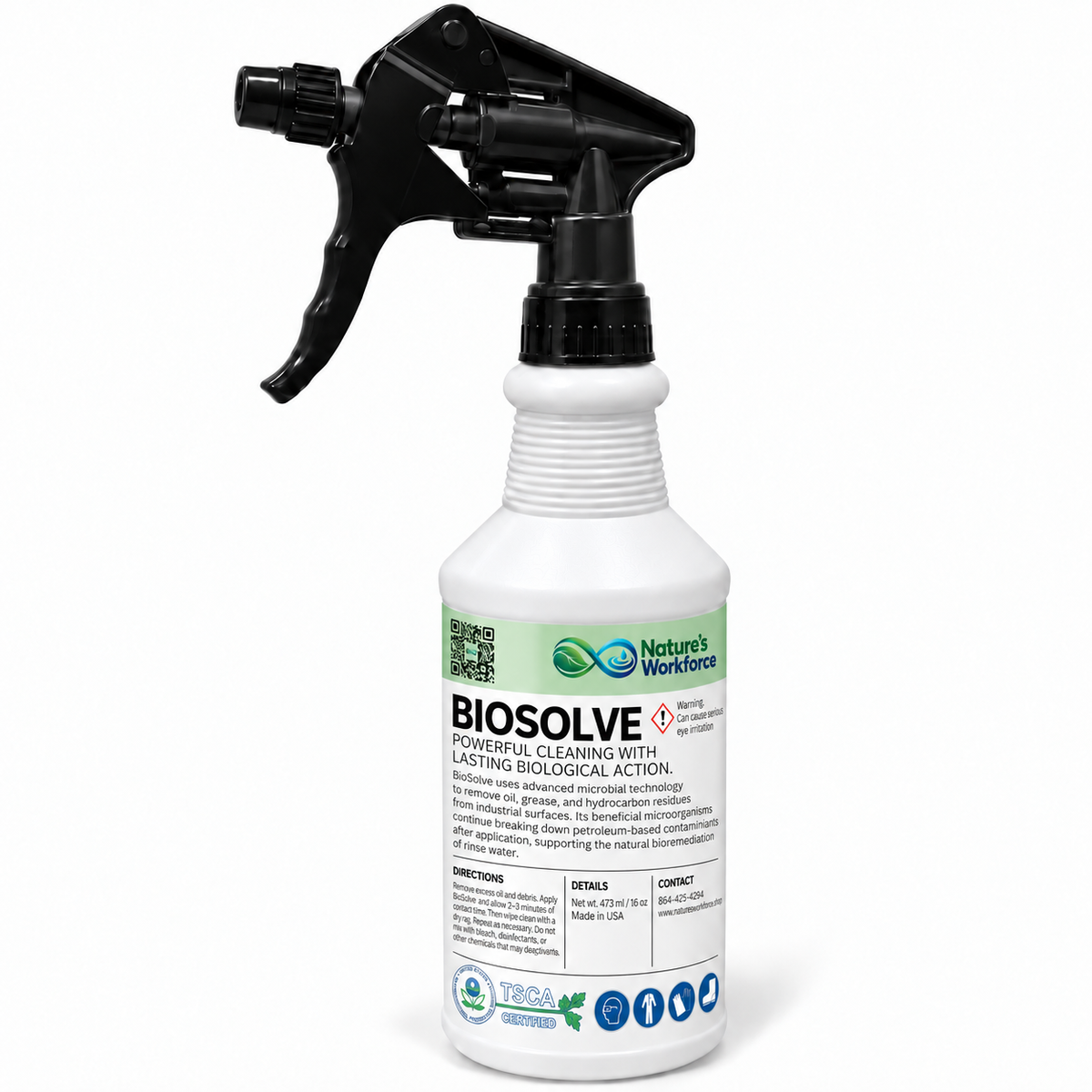 A white plastic spray bottle with a black trigger sprayer, featuring a white and green label for Nature's Workflows Biosolve Biological Staining.