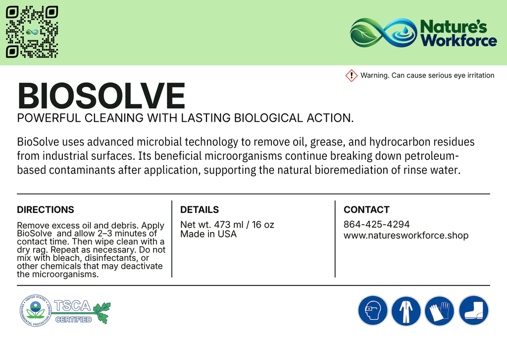 A product information card for Nature's Workforce Biosolve cleaning product, featuring a light green header, black text, a QR code, and application directions, details, and contact information.
