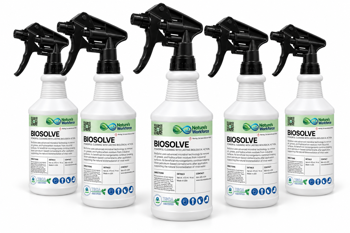 Five white spray bottles of Nature's Works Biosolve weed killer with black triggers, arranged in a row against a white background.