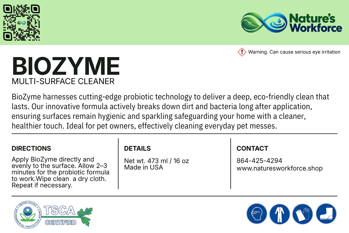 A product information card for Nature's Workforce BioZyme Multi-Surface Cleaner. The card features a green header with the brand logo, a QR code, and product details, directions, and certification logos (TSCA Certified) at the bottom.