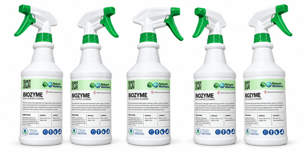 Five white spray bottles of BioZyme by Nature's Balance with green triggers and white caps, arranged in a row against a plain white background.