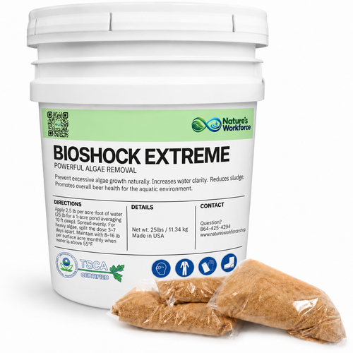 A white plastic bucket of Nature's Workforce Bioshock Extreme algae remover, shown with two clear plastic bags of brown powder in front on a white background.
