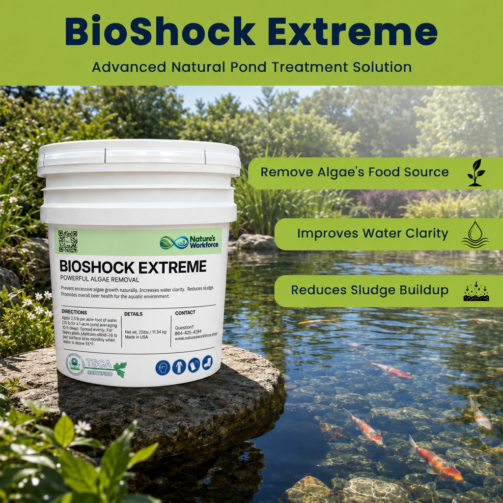 A white plastic bucket of Nature’s Workforce BioShock Extreme pond treatment beside a koi pond, alongside green promotional text highlighting benefits like removing algae's food source and improving water clarity.