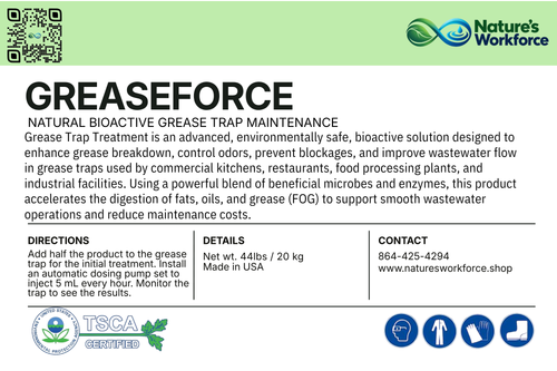 A product information card for Nature's Workforce Greaseforce natural bioactive grease trap maintenance. The card features a light green header with a QR code and the product name, followed by descriptive text, a directions panel, product details, contact information, and certification logos including TSCA Certified.