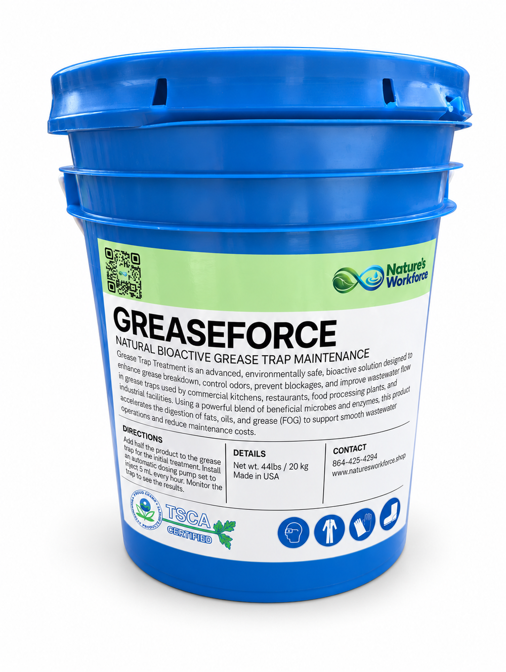 A blue plastic bucket of Nature's Workforce Greaseforce grease trap maintenance liquid, featuring a white label with green and black text and details.