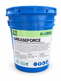 A blue plastic bucket of Nature's Workforce Greaseforce grease trap maintenance liquid, featuring a white label with green and black text and details.