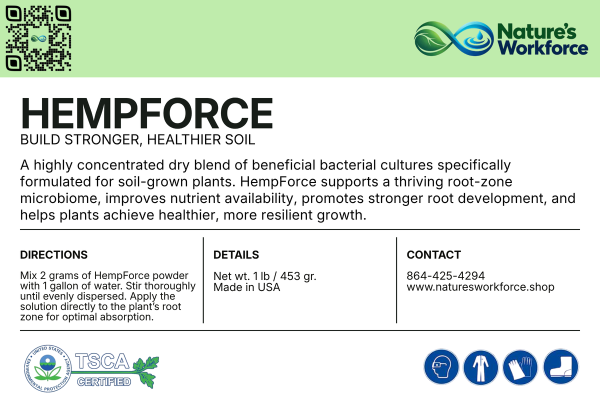 A product information card for Nature's Workforce HempForce soil supplement. The card features a light green header with the Nature's Workforce logo, a QR code, and a white background with black text detailing the product's benefits, directions, and contact information, along with certification logos at the bottom.