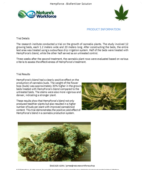A document page titled 'HempForce - BioFertilizer Solution' with product information text, a small logo at the top right, and a small inset photo of green cannabis plants at the bottom right.