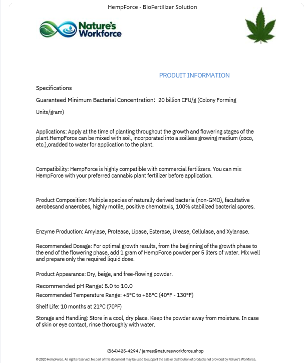 A digital document page detailing product information for HempForce - BioFertilizer by Nature's Workforce. The page features a green cannabis leaf logo in the top right, a product specification list in the center, and a green hemp leaf graphic in the top right corner.