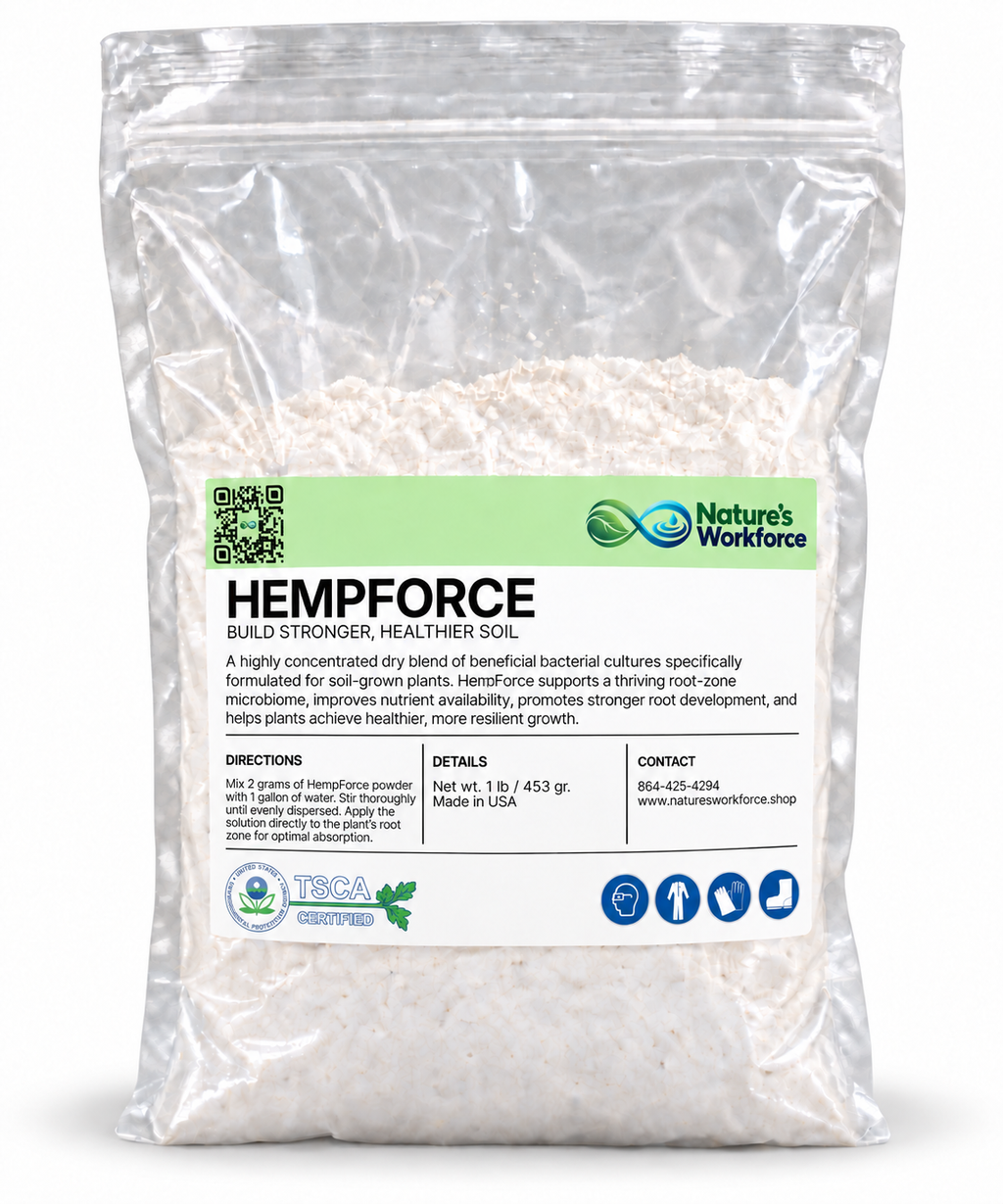 A stand-up resealable pouch of Nature's Workforce Hempforce beneficial soil bacteria powder, shown against a plain white background.