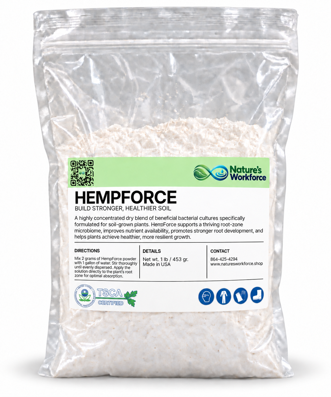 A stand-up resealable pouch of Nature's Workforce Hempforce beneficial soil bacteria powder, shown against a plain white background.