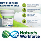 Nature’s Workforce BioShock Extreme pond treatment and water clarity benefits shown with marketing text and icons on a lake background. The image includes the Nature's Workforce brand logo at the bottom.