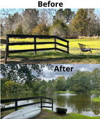 A before-and-after comparison collage showing a black wooden fence and a black outdoor chair in a grassy field, with trees and a pond visible in the background. The top panel is labeled 'Before' and shows the chair and fence in daylight.