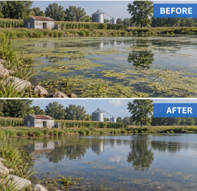 A split before-and-after comparison of a rural pond or farm landscape. The top half is labeled BEFORE and shows dense green aquatic plants covering the water, with a small shed, silos, trees, and cornfield in the background.