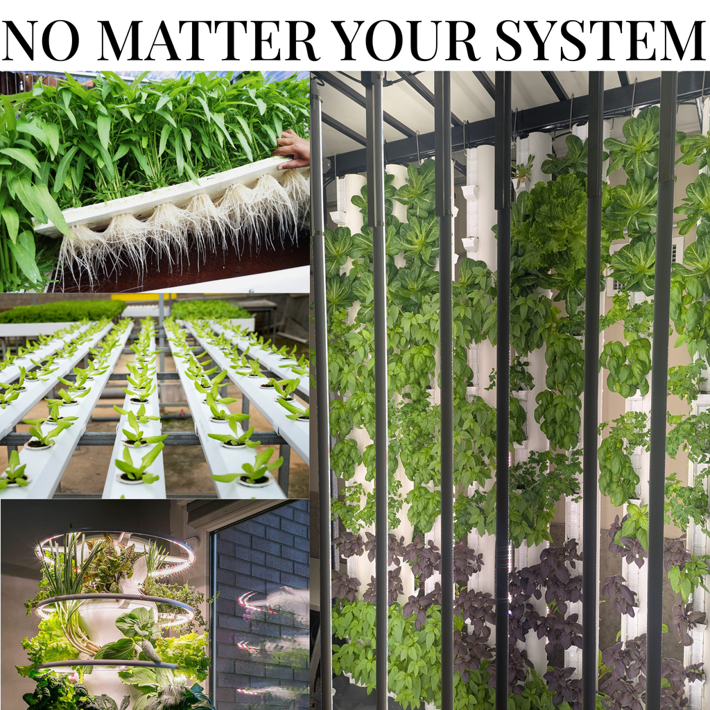 A collage showing indoor vertical garden systems with rows of leafy greens, close-up of white root media, and the text 'NO MATTER YOUR SYSTEM' at the top.