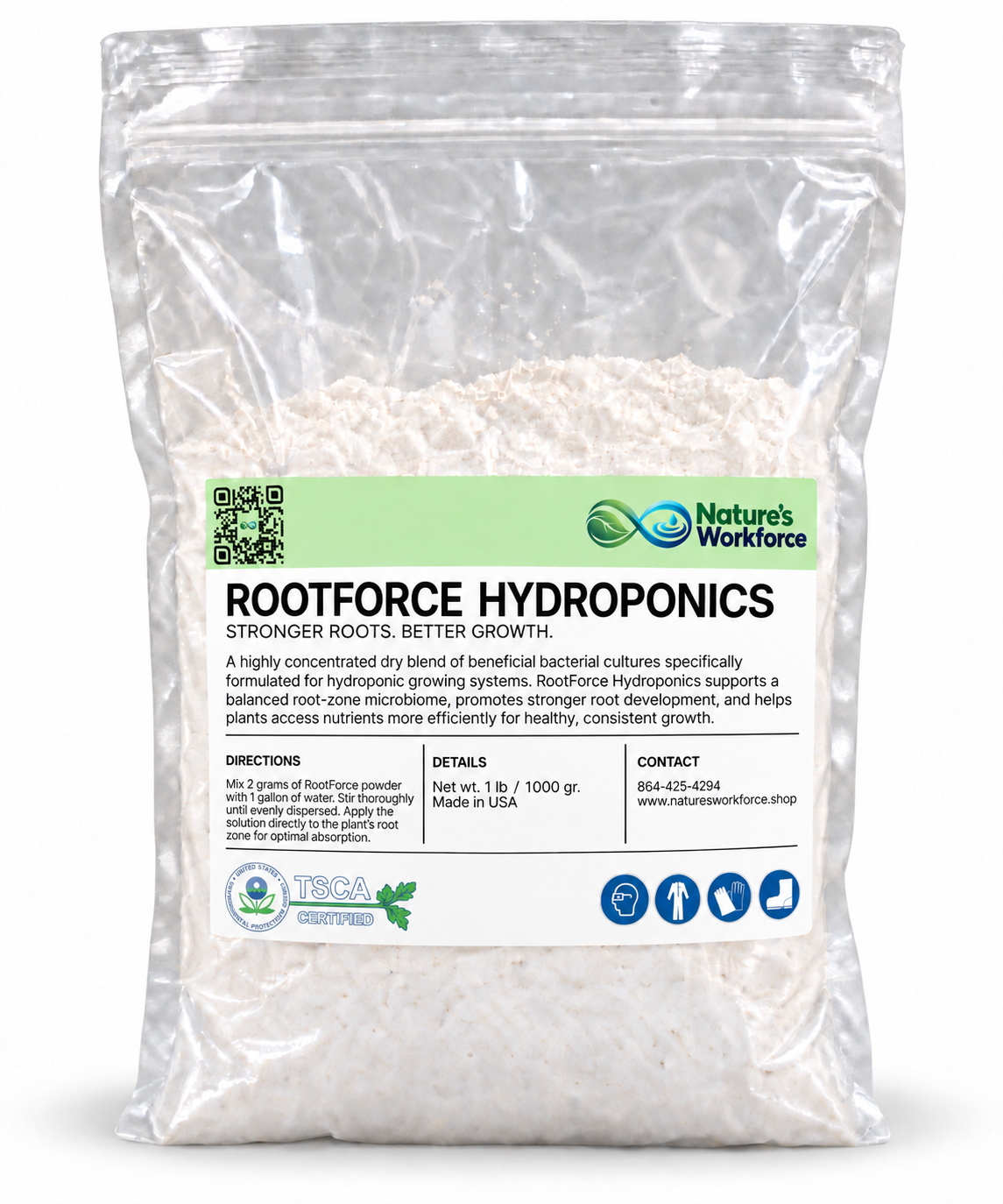 A plastic bag for Nature's Workforce Rootforce Hydroponics. The graphic features a light green header with the product name, a QR code, and a description of the product.