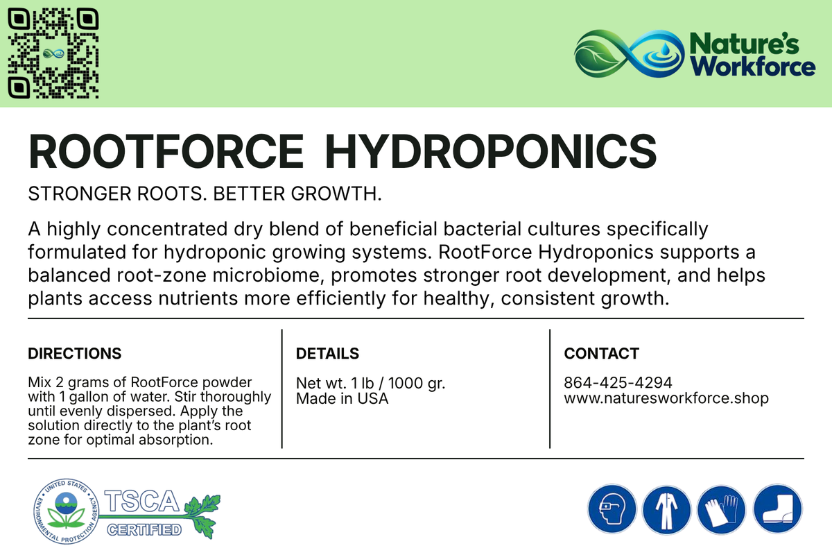 A promotional informational graphic for Nature's Workforce Rootforce Hydroponics. The graphic features a light green header with the product name, a QR code, and a description of the product.