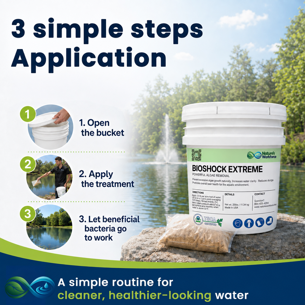Nature’s Workforce BioShock Extreme pond treatment: open the bucket, apply the treatment, and let beneficial bacteria work.