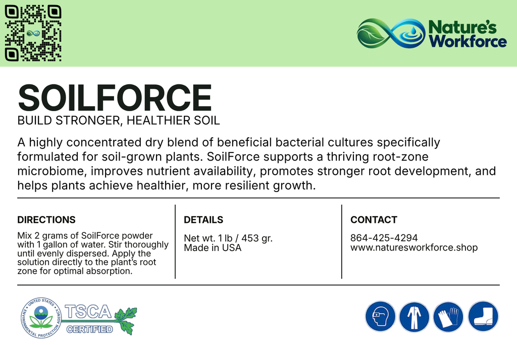 A product information card for Nature's Workforce Soilforce dry fertilizer. The card features a light green header with the Nature's Workforce logo, a QR code, and the product name 'SOILFORCE' in bold black text.