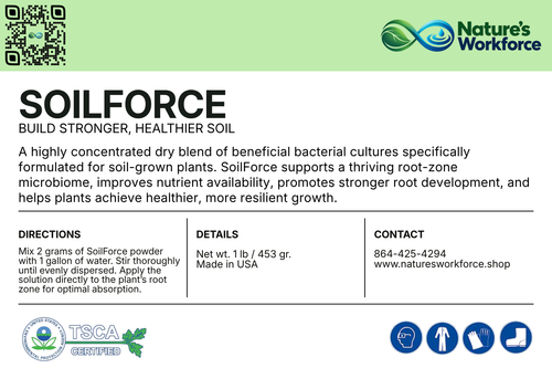 A product information card for Nature's Workforce Soilforce dry fertilizer. The card features a light green header with the Nature's Workforce logo, a QR code, and the product name 'SOILFORCE' in bold black text.
