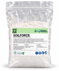 A clear plastic stand-up pouch containing Soilforce beneficial bacterial soil supplement by Nature's Workforce, shown against a plain white background.