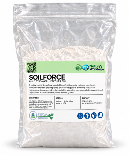 A clear plastic stand-up pouch containing Soilforce beneficial bacterial soil supplement by Nature's Workforce, shown against a plain white background.