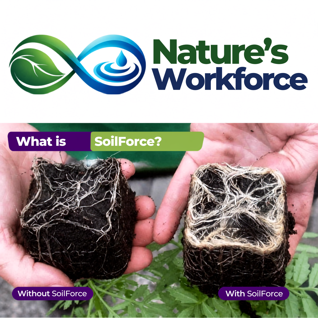 Promotional graphic for Nature's Workforce SoilForce, showing two hands holding soil cubes with visible roots. The left cube is labeled 'Without SoilForce' and appears denser and darker.