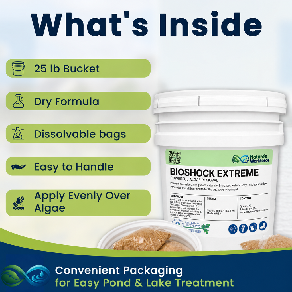 A white bucket of Nature's Workforce BioShock Extreme pond and lake treatment with green feature callouts on the left and a blue promotional footer at the bottom. The text reads 'What's Inside' and lists 25 lb bucket, dry formula, dissolvable bags, easy to handle, and apply evenly over algae.