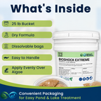 A white bucket of Nature's Workforce BioShock Extreme pond and lake treatment with green feature callouts on the left and a blue promotional footer at the bottom. The text reads 'What's Inside' and lists 25 lb bucket, dry formula, dissolvable bags, easy to handle, and apply evenly over algae.
