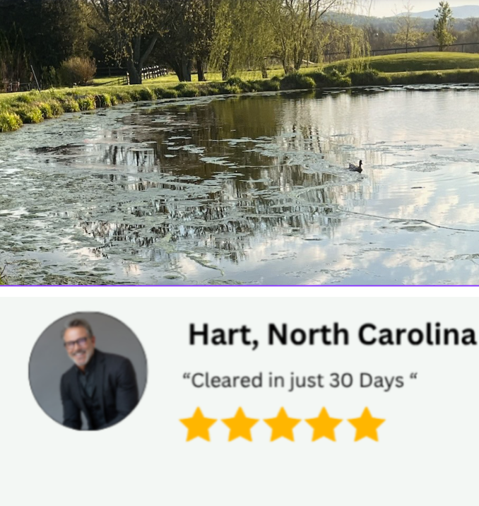 A split-screen image showing a scenic outdoor pond with trees and ducks in the background, above a testimonial card for Hart, North Carolina that reads 'Cleared in just 30 Days' with five yellow stars.