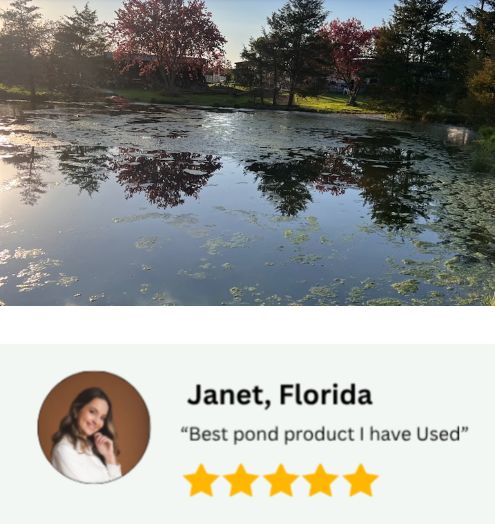 A five-star customer review for a pond product, featuring a scenic photo of a pond with lily pads and trees above a profile picture and the text 'Janet, Florida' and 'Best pond product I have Used'.